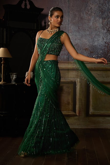 Diyarajvvir Green Satin, Lycra, Tulle Sequins, Beads, Mermaid Pre-draped Saree With Blouse Online at Aza Fashions Diyarajvvir_Green Satin, Lycra, Tulle Sequins, Beads, Mermaid Pre-draped Saree With Blouse _Online_at_Aza_Fashions