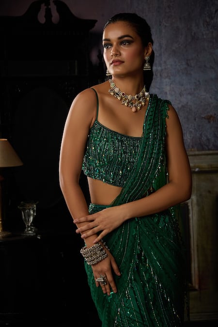 Buy Diyarajvvir Green Satin, Lycra, Tulle Sequins, Beads, Mermaid Pre-draped Saree With Blouse Online at Aza Fashions Buy_Diyarajvvir_Green Satin, Lycra, Tulle Sequins, Beads, Mermaid Pre-draped Saree With Blouse _Online_at_Aza_Fashions