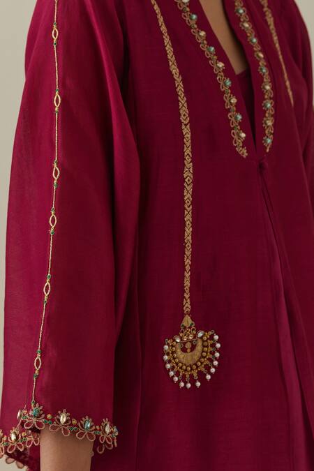 Bunka Red Silk, Chanderi, Tissue Zari, Stones V-neck Ambreen Work Kurta Pant Set at Aza Fashions Bunka_Red Silk, Chanderi, Tissue Zari, Stones V-neck Ambreen Work Kurta Pant Set _at_Aza_Fashions