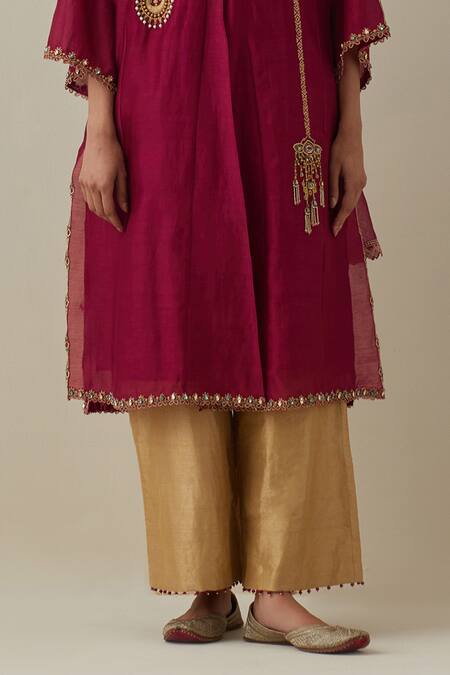 Buy Bunka Red Silk, Chanderi, Tissue Zari, Stones V-neck Ambreen Work Kurta Pant Set Buy_Bunka_Red Silk, Chanderi, Tissue Zari, Stones V-neck Ambreen Work Kurta Pant Set