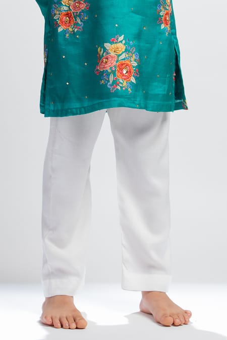 MR Brat_Green Muslin, Cotton Embroidery, Sequins Floral Print Kurta Set _Online_at_Aza_Fashions