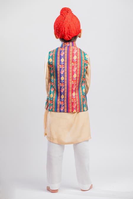 Shop_MR Brat_Multi Color Muslin, Cotton Embroidery Floral Stripe Print Bundi And Kurta Set _at_Aza_Fashions