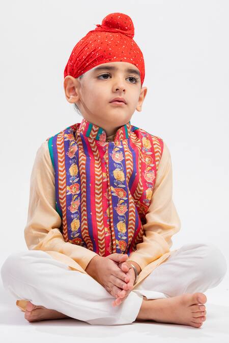 Buy_MR Brat_Multi Color Muslin, Cotton Embroidery Floral Stripe Print Bundi And Kurta Set _Online_at_Aza_Fashions