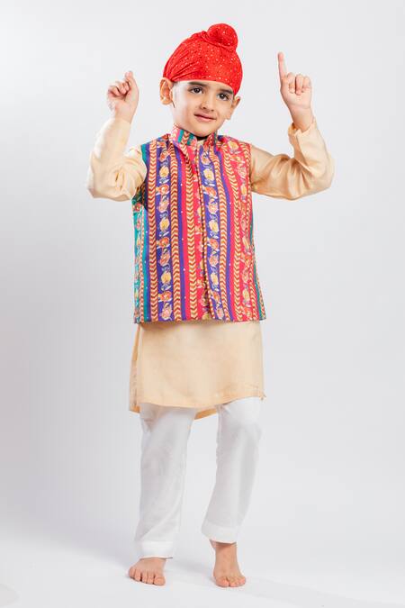 Shop_MR Brat_Multi Color Muslin, Cotton Embroidery Floral Stripe Print Bundi And Kurta Set _Online_at_Aza_Fashions