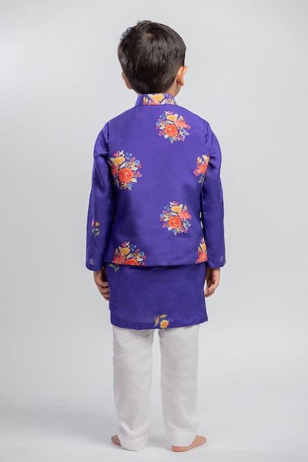 Shop MR Brat Purple Muslin, Cotton Embroidery, Sequins Floral Print Kurta And Bundi Set at Aza Fashions Shop_MR Brat_Purple Muslin, Cotton Embroidery, Sequins Floral Print Kurta And Bundi Set _at_Aza_Fashions