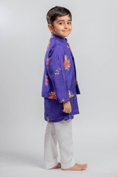 Buy MR Brat Purple Muslin, Cotton Embroidery, Sequins Floral Print Kurta And Bundi Set Online at Aza Fashions Buy_MR Brat_Purple Muslin, Cotton Embroidery, Sequins Floral Print Kurta And Bundi Set _Online_at_Aza_Fashions