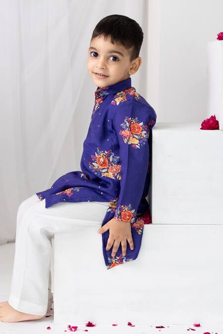 Shop_MR Brat_Purple Muslin, Cotton Sequins Big Floral Print Kurta Set _Online_at_Aza_Fashions