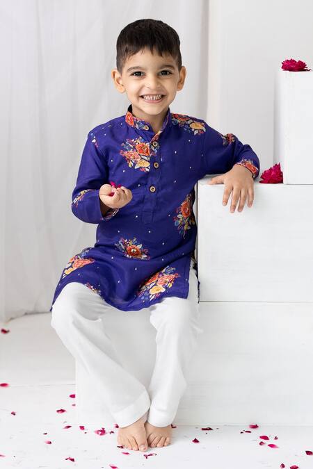 MR Brat_Purple Muslin, Cotton Sequins Big Floral Print Kurta Set _at_Aza_Fashions