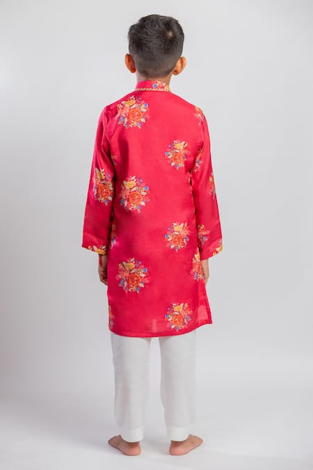 Shop MR Brat Red Muslin, Cotton Embroidery Garden Print Kurta Set at Aza Fashions Shop_MR Brat_Red Muslin, Cotton Embroidery Garden Print Kurta Set _at_Aza_Fashions