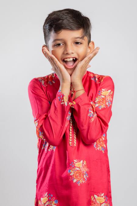 Shop MR Brat Red Muslin, Cotton Embroidery Garden Print Kurta Set Online at Aza Fashions Shop_MR Brat_Red Muslin, Cotton Embroidery Garden Print Kurta Set _Online_at_Aza_Fashions