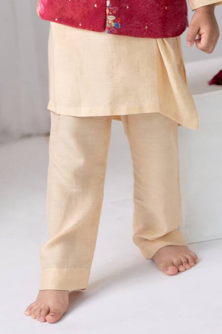 MR Brat_Red Velvet, Muslin, Cotton Sequins, Embroidery Flower Print Bundi And Kurta Set _Online_at_Aza_Fashions