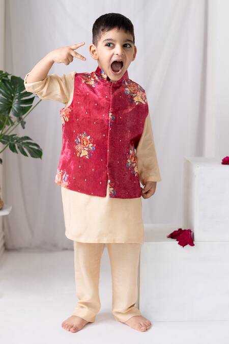 Shop_MR Brat_Red Velvet, Muslin, Cotton Sequins, Embroidery Flower Print Bundi And Kurta Set _Online_at_Aza_Fashions