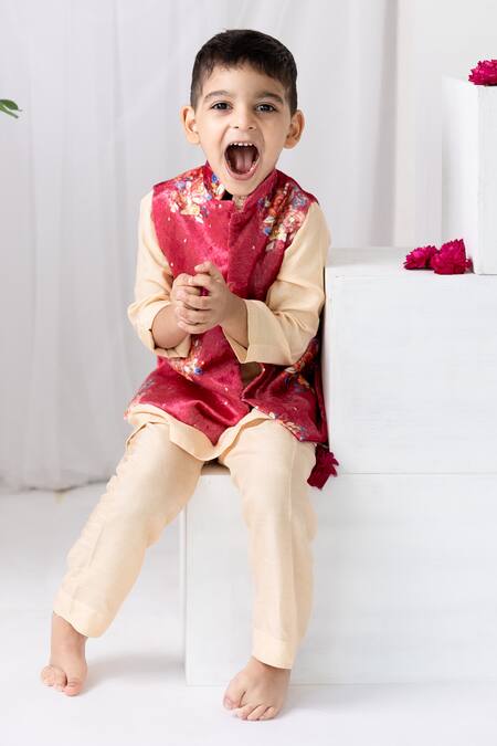 MR Brat_Red Velvet, Muslin, Cotton Sequins, Embroidery Flower Print Bundi And Kurta Set _at_Aza_Fashions