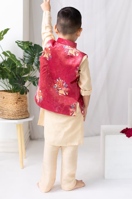 Shop_MR Brat_Red Velvet, Muslin, Cotton Sequins, Embroidery Flower Print Bundi And Kurta Set _at_Aza_Fashions