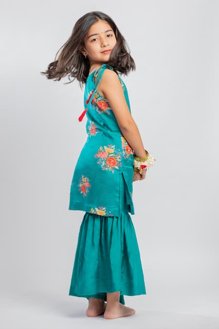 Shop MR Brat Green Muslin, Linen Embroidery, Sequins Floral Print Kurta And Sharara Set at Aza Fashions Shop_MR Brat_Green Muslin, Linen Embroidery, Sequins Floral Print Kurta And Sharara Set _at_Aza_Fashions