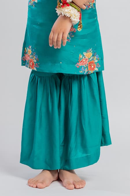 MR Brat Green Muslin, Linen Embroidery, Sequins Floral Print Kurta And Sharara Set Online at Aza Fashions MR Brat_Green Muslin, Linen Embroidery, Sequins Floral Print Kurta And Sharara Set _Online_at_Aza_Fashions