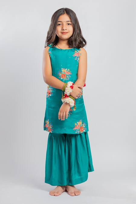 Buy MR Brat Green Muslin, Linen Embroidery, Sequins Floral Print Kurta And Sharara Set Online at Aza Fashions Buy_MR Brat_Green Muslin, Linen Embroidery, Sequins Floral Print Kurta And Sharara Set _Online_at_Aza_Fashions