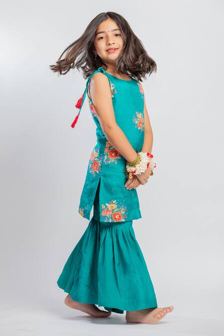 Shop MR Brat Green Muslin, Linen Embroidery, Sequins Floral Print Kurta And Sharara Set Online at Aza Fashions Shop_MR Brat_Green Muslin, Linen Embroidery, Sequins Floral Print Kurta And Sharara Set _Online_at_Aza_Fashions