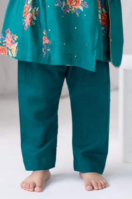 MR Brat Green Muslin, Cotton, Linen Embroidery, Sequins Floral Print Angarkha And Pant Set Online at Aza Fashions MR Brat_Green Muslin, Cotton, Linen Embroidery, Sequins Floral Print Angarkha And Pant Set _Online_at_Aza_Fashions