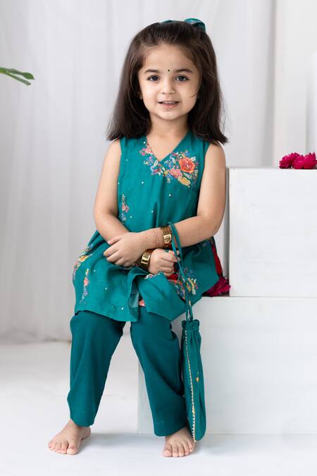 MR Brat Green Muslin, Cotton, Linen Embroidery, Sequins Floral Print Angarkha And Pant Set at Aza Fashions MR Brat_Green Muslin, Cotton, Linen Embroidery, Sequins Floral Print Angarkha And Pant Set _at_Aza_Fashions