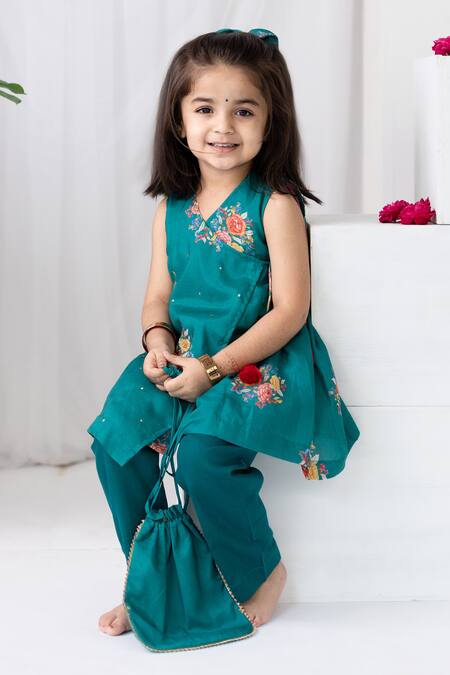 Buy MR Brat Green Muslin, Cotton, Linen Embroidery, Sequins Floral Print Angarkha And Pant Set Buy_MR Brat_Green Muslin, Cotton, Linen Embroidery, Sequins Floral Print Angarkha And Pant Set