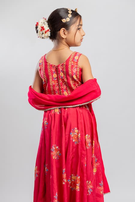 Shop_MR Brat_Red Muslin, Linen Sequins, Gota Patti Big Floral Print Lehenga Set _at_Aza_Fashions