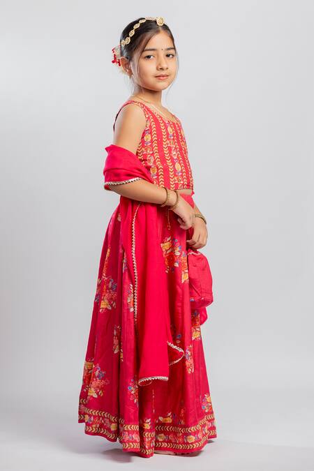 MR Brat_Red Muslin, Linen Sequins, Gota Patti Big Floral Print Lehenga Set _Online_at_Aza_Fashions