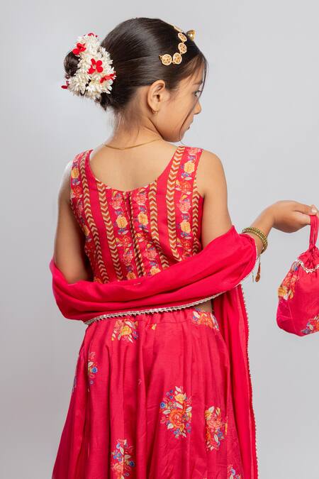 Buy_MR Brat_Red Muslin, Linen Sequins, Gota Patti Big Floral Print Lehenga Set _Online_at_Aza_Fashions