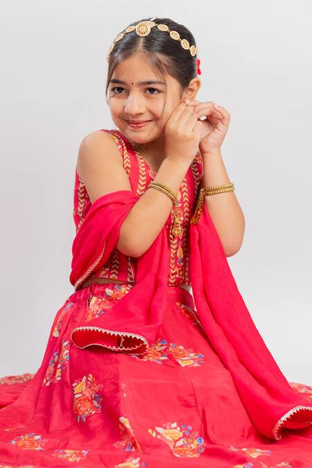 Shop_MR Brat_Red Muslin, Linen Sequins, Gota Patti Big Floral Print Lehenga Set _Online_at_Aza_Fashions