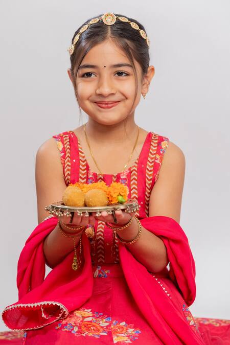 MR Brat_Red Muslin, Linen Sequins, Gota Patti Big Floral Print Lehenga Set _at_Aza_Fashions