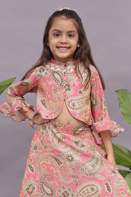 LA Dee DA Pink Brocade, Taffeta, Jacquard Embroidery Floral Print Blouse With Lehenga Online at Aza Fashions LA Dee DA_Pink Brocade, Taffeta, Jacquard Embroidery Floral Print Blouse With Lehenga _Online_at_Aza_Fashions