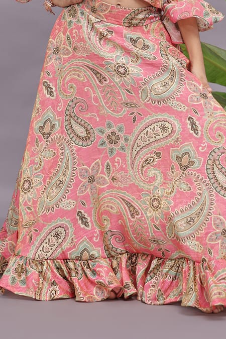 Buy LA Dee DA Pink Brocade, Taffeta, Jacquard Embroidery Floral Print Blouse With Lehenga Online at Aza Fashions Buy_LA Dee DA_Pink Brocade, Taffeta, Jacquard Embroidery Floral Print Blouse With Lehenga _Online_at_Aza_Fashions