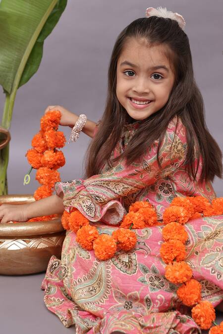 Shop LA Dee DA Pink Brocade, Taffeta, Jacquard Embroidery Floral Print Blouse With Lehenga Online at Aza Fashions Shop_LA Dee DA_Pink Brocade, Taffeta, Jacquard Embroidery Floral Print Blouse With Lehenga _Online_at_Aza_Fashions