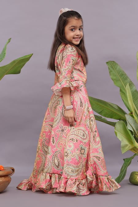 Shop LA Dee DA Pink Brocade, Taffeta, Jacquard Embroidery Floral Print Blouse With Lehenga at Aza Fashions Shop_LA Dee DA_Pink Brocade, Taffeta, Jacquard Embroidery Floral Print Blouse With Lehenga _at_Aza_Fashions