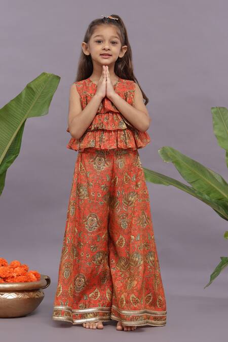 LA Dee DA Orange Banarasi Jacquard Print Floral Layered Top With Sharara Online at Aza Fashions LA Dee DA_Orange Banarasi Jacquard Print Floral Layered Top With Sharara _Online_at_Aza_Fashions