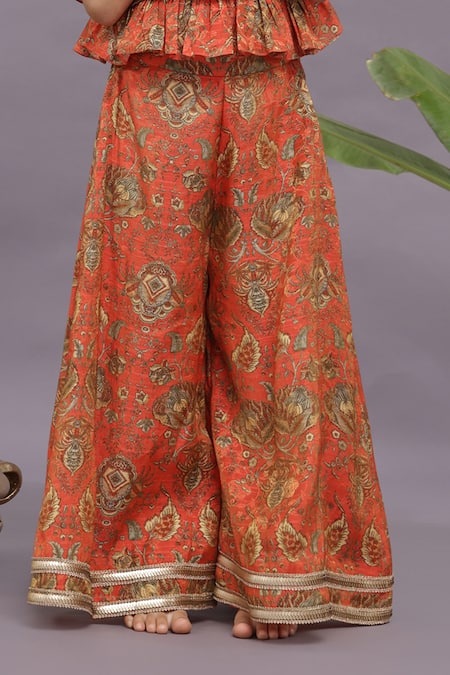 Buy LA Dee DA Orange Banarasi Jacquard Print Floral Layered Top With Sharara Online at Aza Fashions Buy_LA Dee DA_Orange Banarasi Jacquard Print Floral Layered Top With Sharara _Online_at_Aza_Fashions