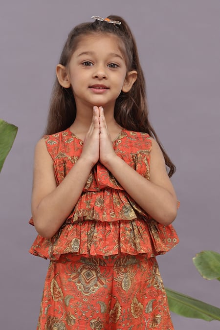 Shop LA Dee DA Orange Banarasi Jacquard Print Floral Layered Top With Sharara Online at Aza Fashions Shop_LA Dee DA_Orange Banarasi Jacquard Print Floral Layered Top With Sharara _Online_at_Aza_Fashions