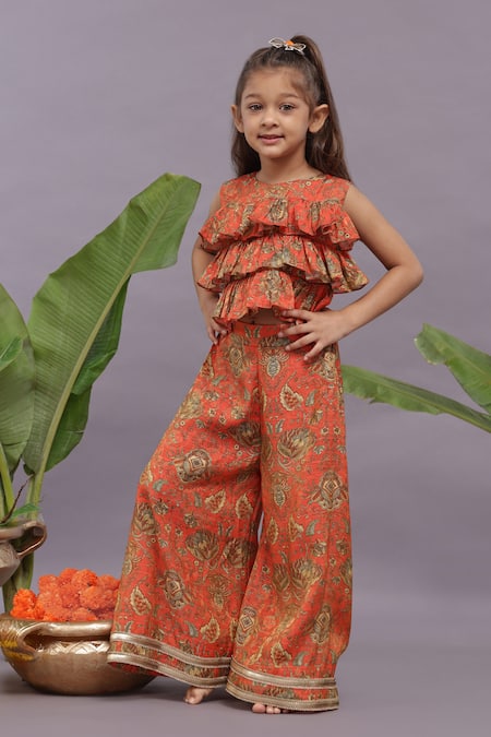 LA DEE DA Orange Banarasi Jacquard Print Floral Layered Top With Sharara 