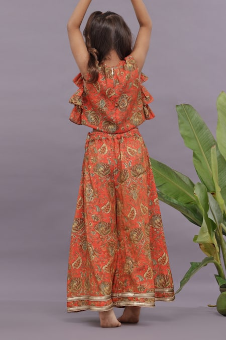 Shop LA Dee DA Orange Banarasi Jacquard Print Floral Layered Top With Sharara at Aza Fashions Shop_LA Dee DA_Orange Banarasi Jacquard Print Floral Layered Top With Sharara _at_Aza_Fashions