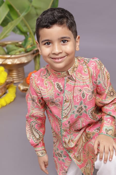 Buy LA Dee DA Pink Bamberg Silk And Banarasi Jacquard Print Floral Paisley Kurta With Pyjama Online at Aza Fashions Buy_LA Dee DA_Pink Bamberg Silk And Banarasi Jacquard Print Floral Paisley Kurta With Pyjama _Online_at_Aza_Fashions