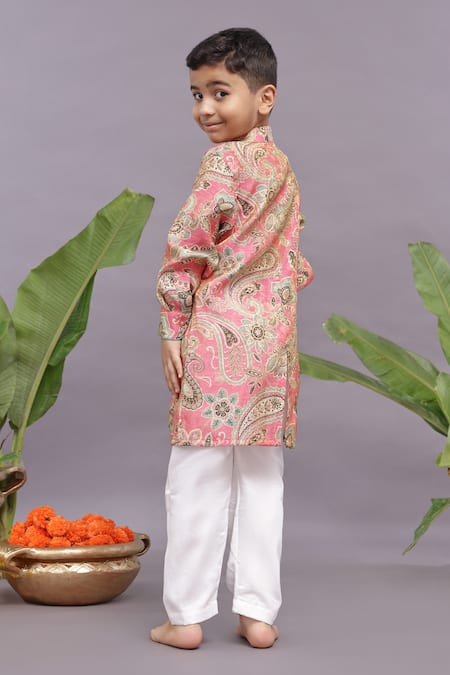 Shop LA Dee DA Pink Bamberg Silk And Banarasi Jacquard Print Floral Paisley Kurta With Pyjama at Aza Fashions Shop_LA Dee DA_Pink Bamberg Silk And Banarasi Jacquard Print Floral Paisley Kurta With Pyjama _at_Aza_Fashions