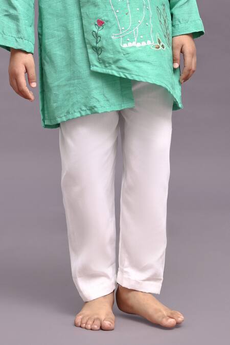 LA Dee DA Green Bamberg Silk Embroidery Floral Asymmetric Elephant Kurta With Pyjama Online at Aza Fashions LA Dee DA_Green Bamberg Silk Embroidery Floral Asymmetric Elephant Kurta With Pyjama _Online_at_Aza_Fashions