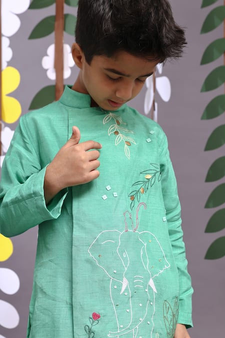 Buy LA Dee DA Green Bamberg Silk Embroidery Floral Asymmetric Elephant Kurta With Pyjama Online at Aza Fashions Buy_LA Dee DA_Green Bamberg Silk Embroidery Floral Asymmetric Elephant Kurta With Pyjama _Online_at_Aza_Fashions