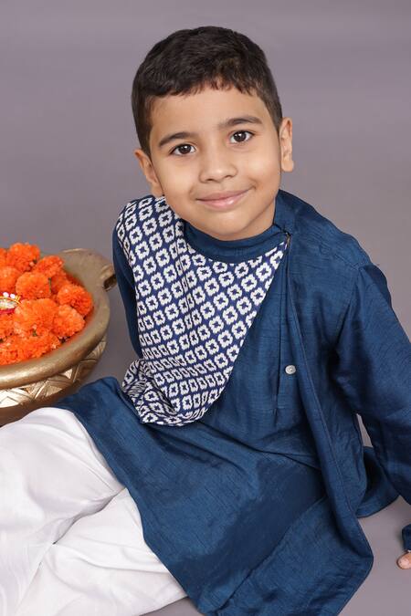 Buy LA Dee DA Blue Bamberg Silk Print Bandhani Panel Kurta With Pyjama Online at Aza Fashions Buy_LA Dee DA_Blue Bamberg Silk Print Bandhani Panel Kurta With Pyjama _Online_at_Aza_Fashions