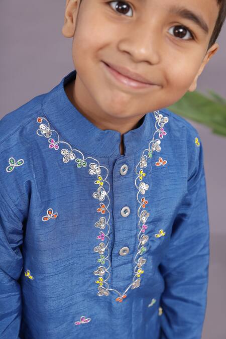 LA DEE DA Blue Bamberg Silk Embroidery Floret Kurta With Pyjama  4