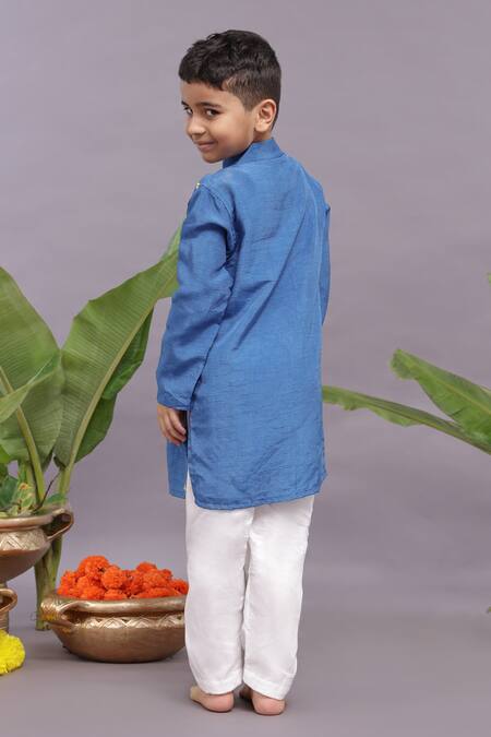 LA DEE DA Blue Bamberg Silk Embroidery Floret Kurta With Pyjama  2