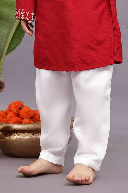 Shop LA Dee DA Red Bamberg Silk Placement Embroidery Floret Kurta Set Online at Aza Fashions Shop_LA Dee DA_Red Bamberg Silk Placement Embroidery Floret Kurta Set _Online_at_Aza_Fashions