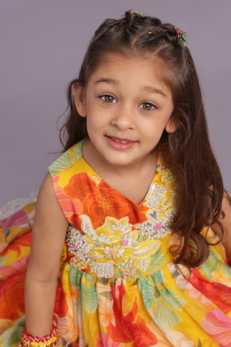 LA Dee DA_Yellow Organza Embroidery Floral Motif Anarkali_Online_at_Aza_Fashions