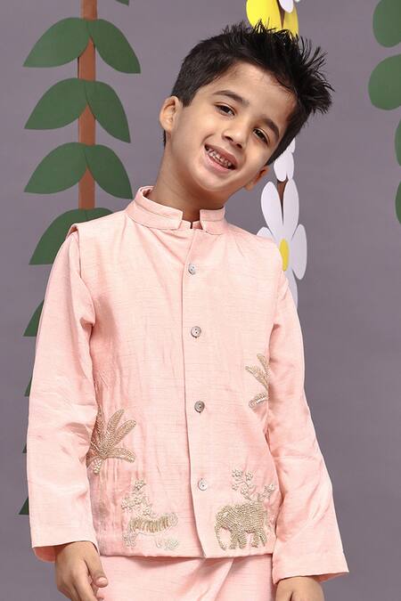 Buy_LA Dee DA_Pink Bamboo Pearls, Embroidery Jungle Motif Bundi Set_Online_at_Aza_Fashions