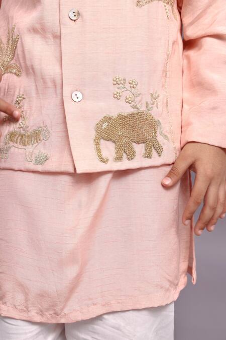 Shop_LA Dee DA_Pink Bamboo Pearls, Embroidery Jungle Motif Bundi Set_Online_at_Aza_Fashions
